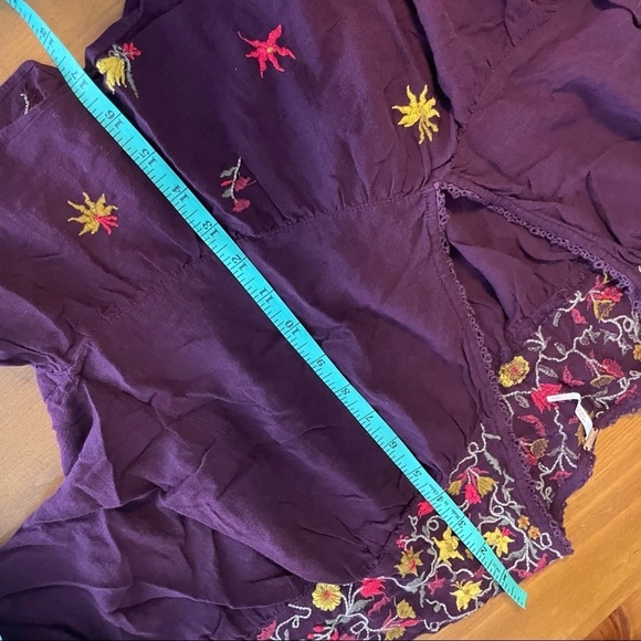 Free People Ava Embroidered Floral Burgundy Peasant Crop Long Sleeve Blouse S - Picture 12 of 13